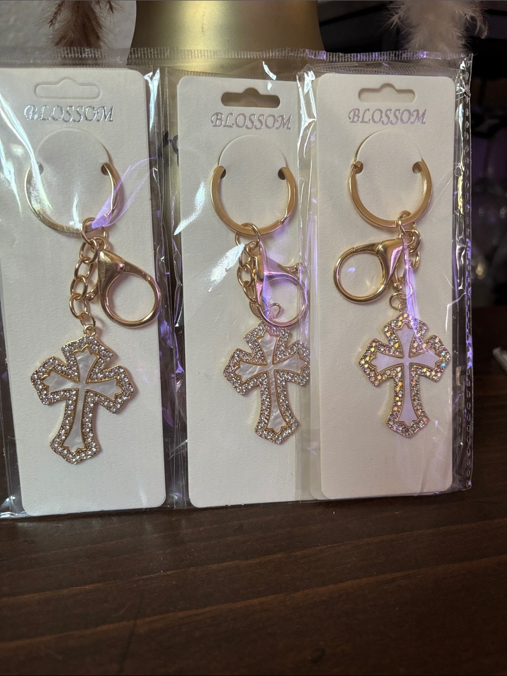 Crucifix cross 5 pack  key ring, fan charm gold-toned handbag charm